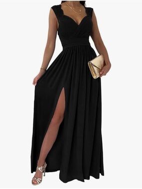 Elegant Black V-Neck Evening Maxi Dress with Leg Slit
